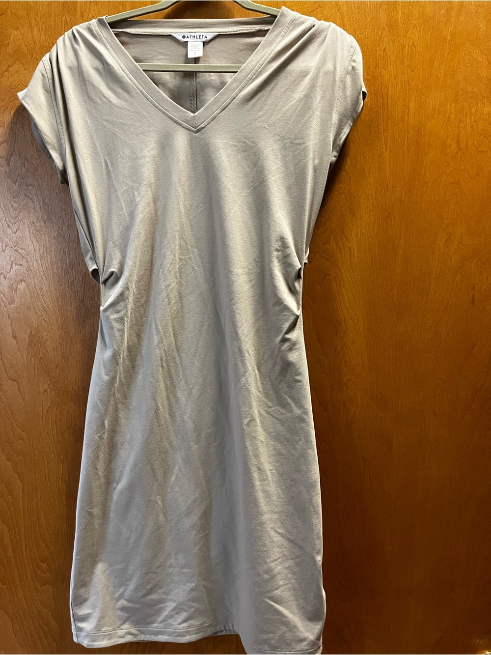 Athleta Beige Ruched V Neck Midi Dress Stretch Travel Casual